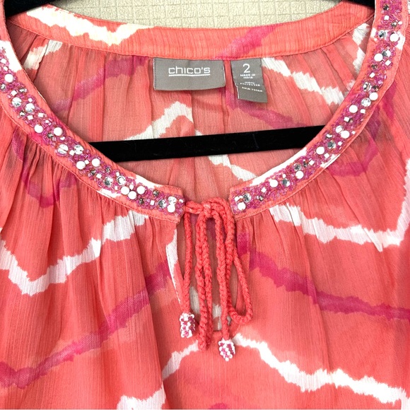 Chicos Semi Sheer Long Sleeve Tunic Top Womens Size 2 (large) Beaded Pink/Orange - Picture 3 of 13
